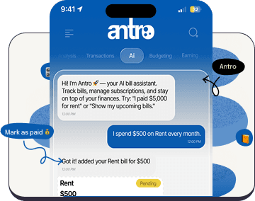 Chat preview showing Antro AI in action (mobile)